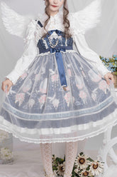 Blue Chiffon Flower Wedding Wearing Veil Princess Sweet Lolita JSK Dress